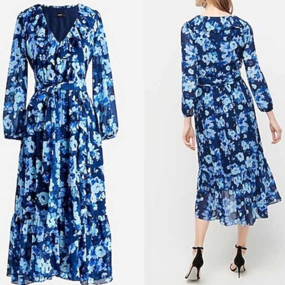 J. Crew Dresses & Skirts - J. Crew Blue Floral Long Sleeve Ruffle Collar Midi Dress Size 6